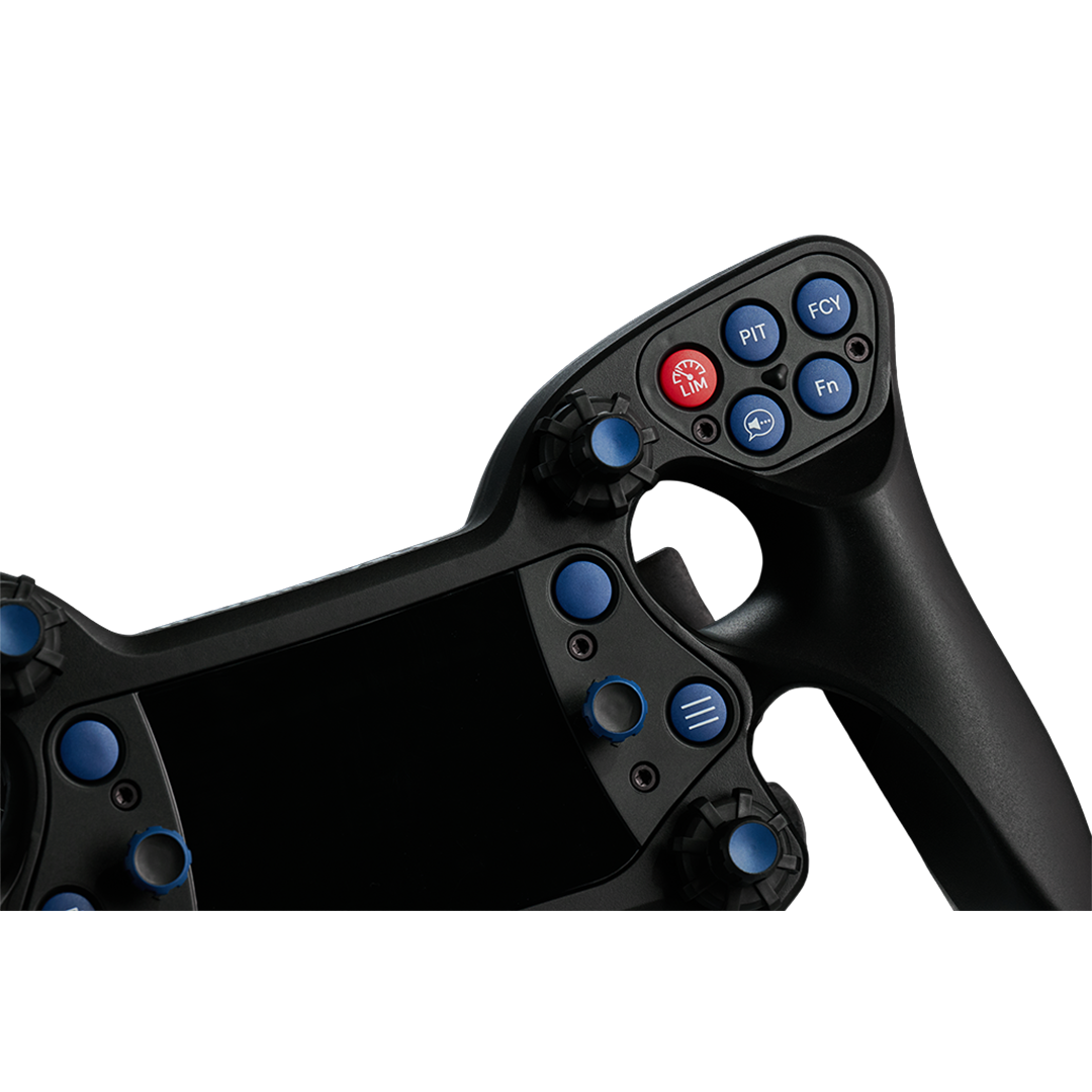 Close-up of a black gaming controller with buttons on a white background
