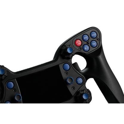 Close-up of a black gaming controller with buttons on a white background