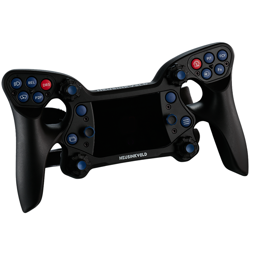 Black racing simulator steering wheel with buttons on a white background