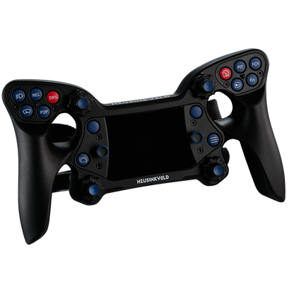 Black racing simulator steering wheel with buttons on a white background