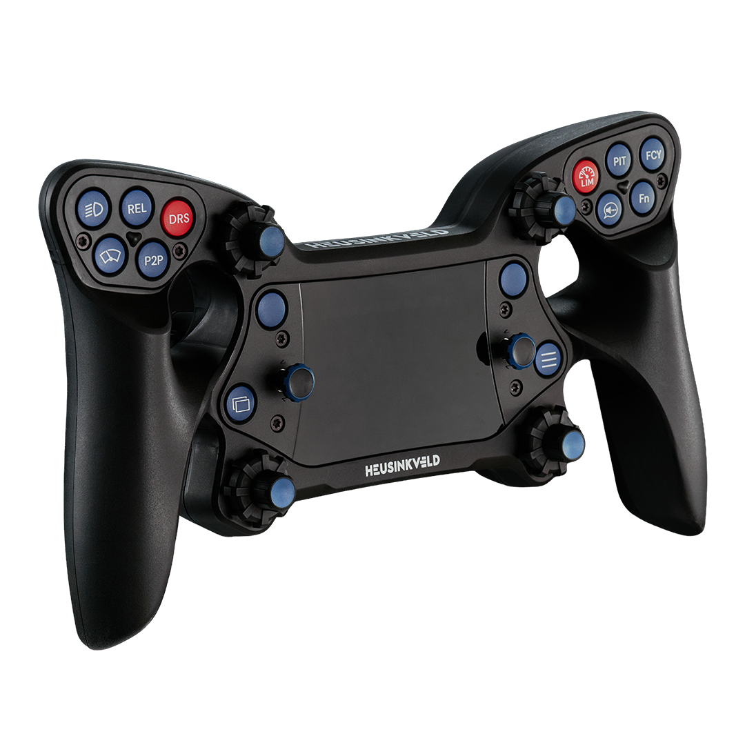 Black gaming steering wheel controller with buttons on a white background