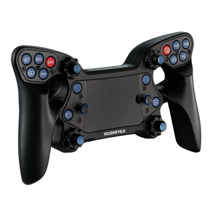 Black gaming steering wheel controller with buttons on a white background