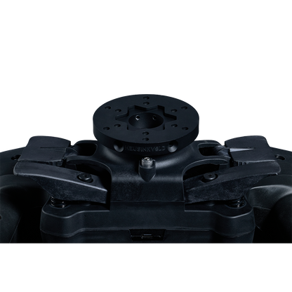 Close-up of a black mechanical component on a white background