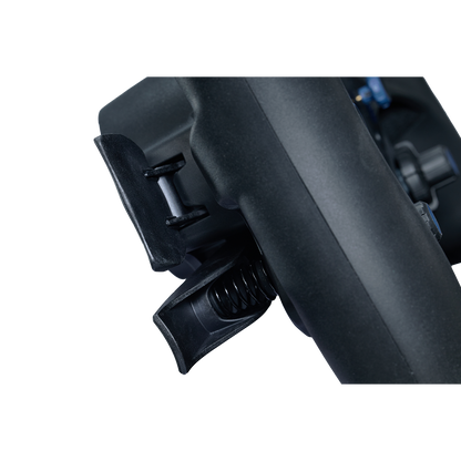 Close-up of a black metal component on a white background