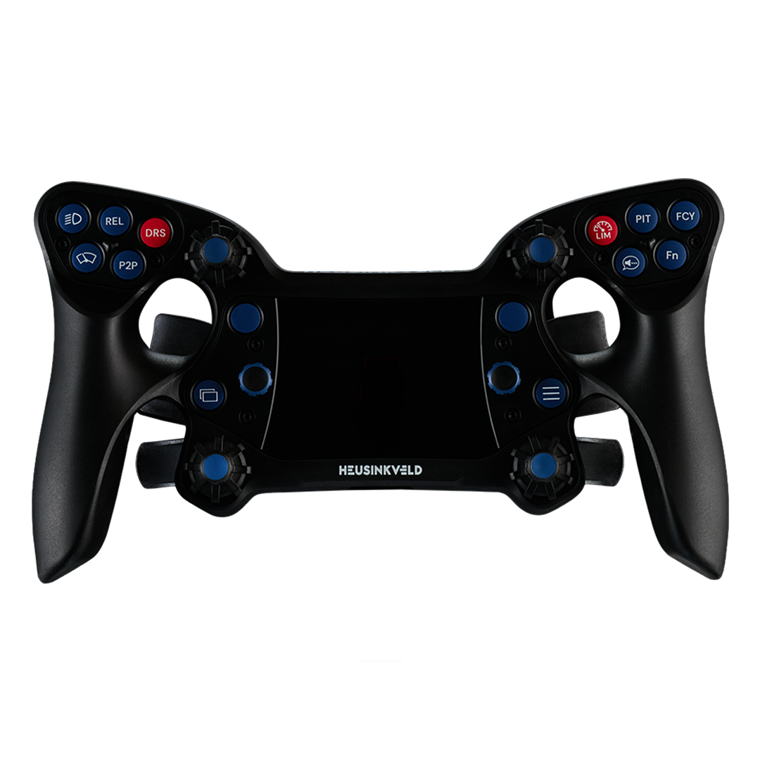 Black racing simulator steering wheel with buttons on a white background