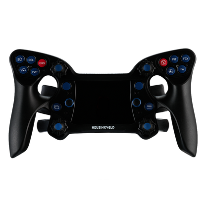 Black racing simulator steering wheel with buttons on a white background