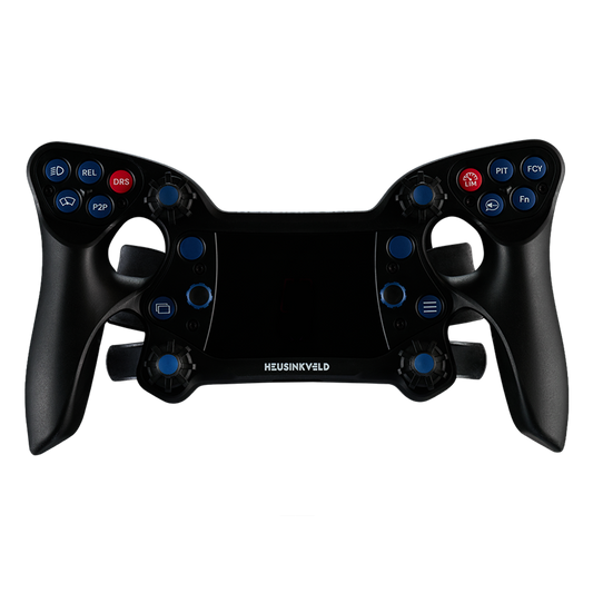 Black racing simulator steering wheel with buttons on a white background