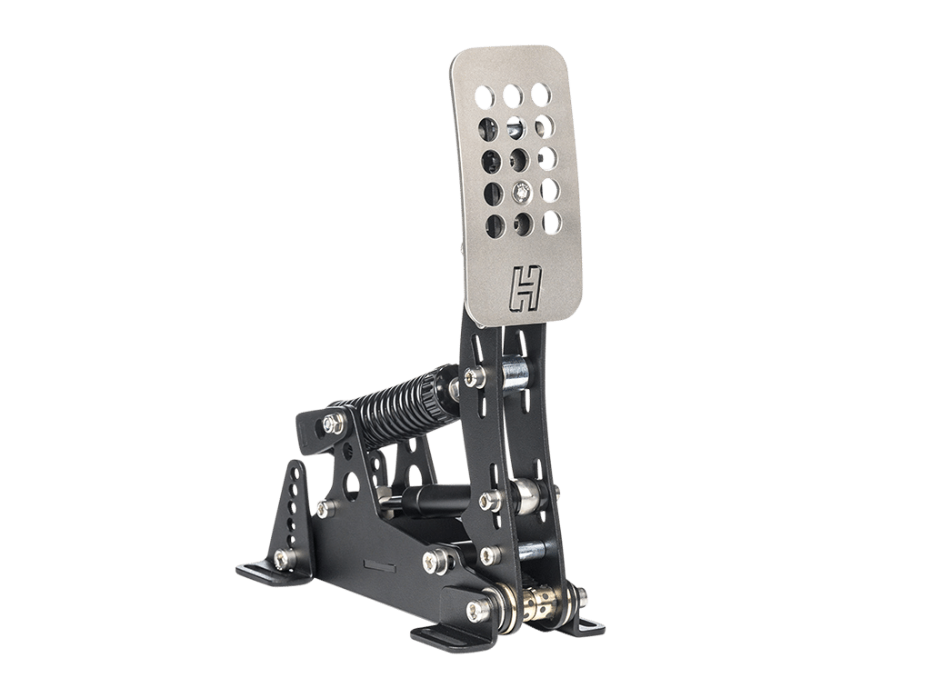 Mechanical car pedal assembly with metal pedal on a green background