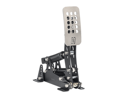 Mechanical car pedal assembly with metal pedal on a green background