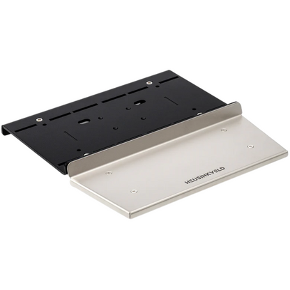 A photo showing the Heusinkveld Sim Pedals Ultimate Baseplate, with a black pedal plate, silver brackets, and a height adjustable heel plate.