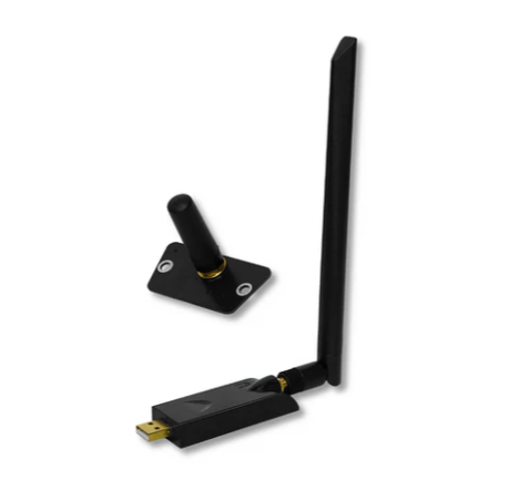 Black USB WiFi adapter with antennas on a white background