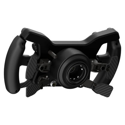 A black and carbon fiber steering wheel accessory for sim racing, with multiple buttons, joysticks, and a screen, designed to connect to a USB port.