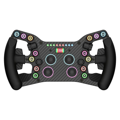 A black and carbon fiber steering wheel accessory for sim racing, with multiple buttons, joysticks, and a screen, designed to connect to a USB port.