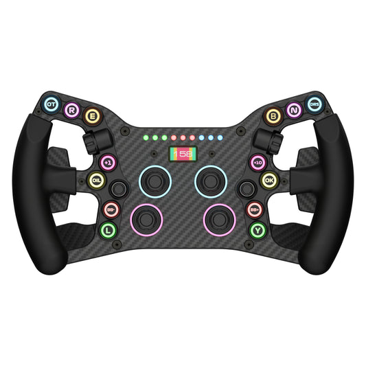 A black and carbon fiber steering wheel accessory for sim racing, with multiple buttons, joysticks, and a screen, designed to connect to a USB port.