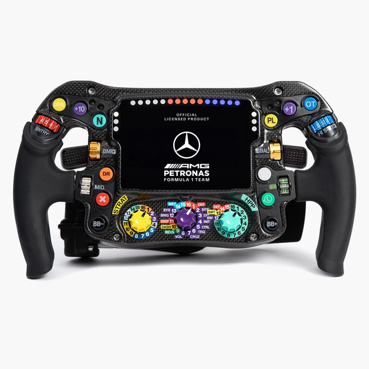 F1 steering wheel with Mercedes-Benz logo on a white background