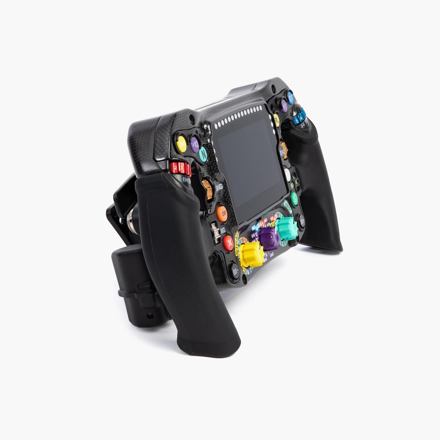 Black joystick controller with colorful buttons on a white background