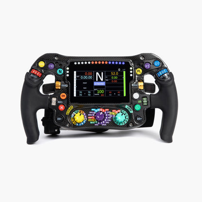 Racing steering wheel with digital display and colorful buttons on a white background