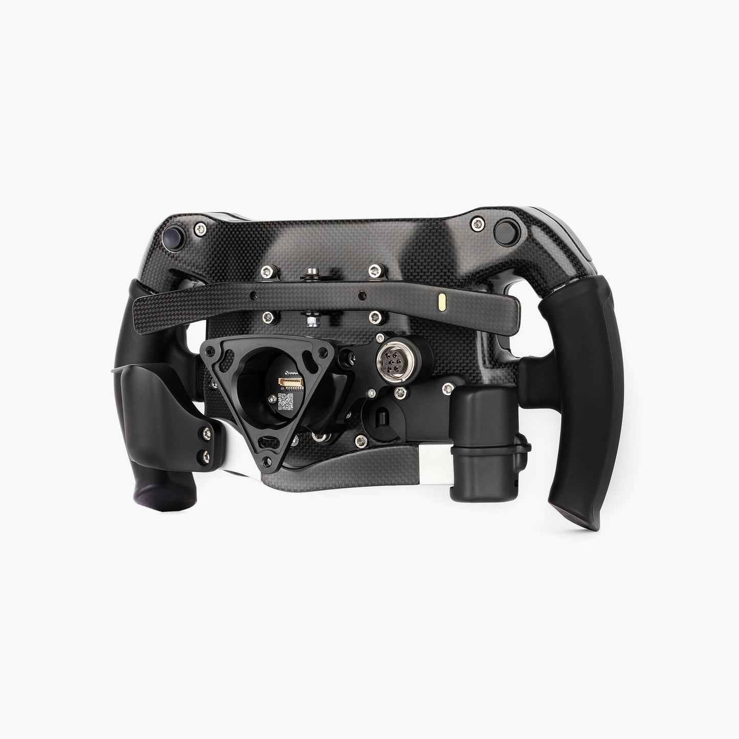 Black steering wheel mechanism on a white background