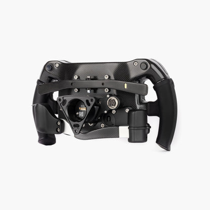 Black steering wheel mechanism on a white background