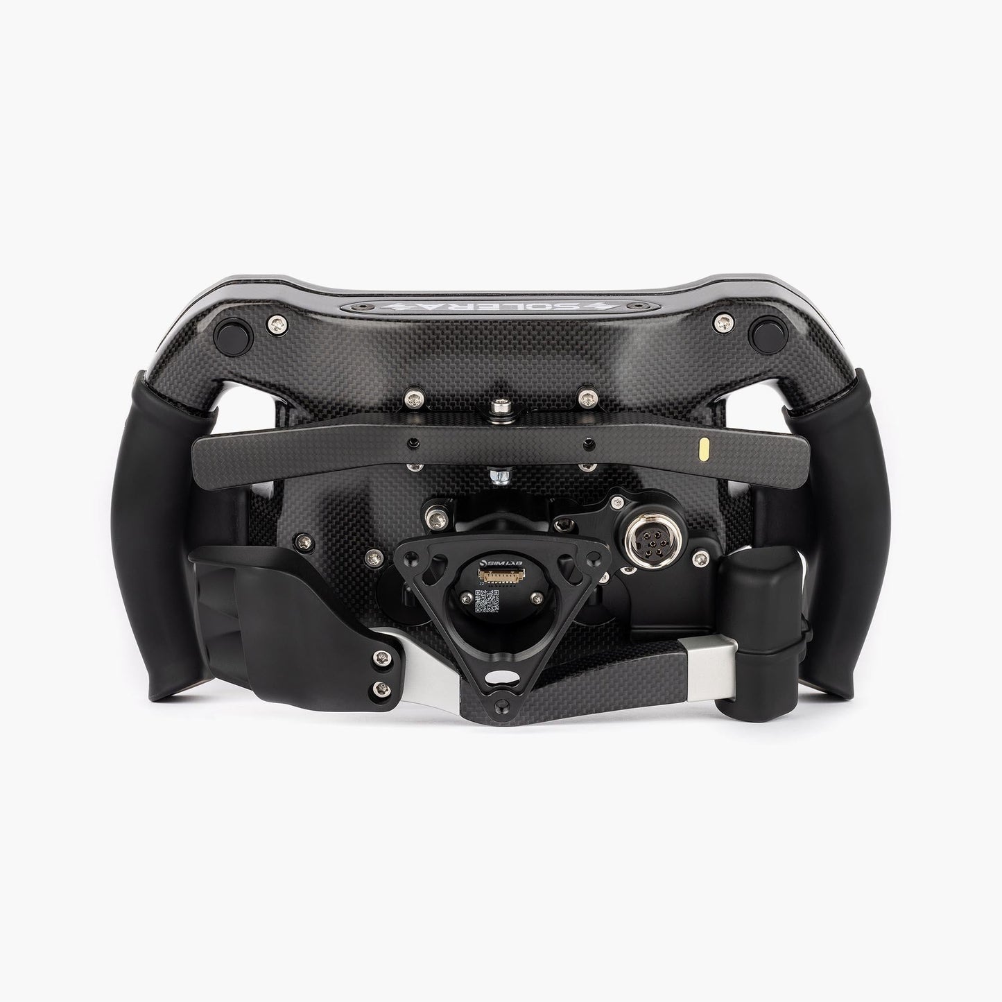 Black steering wheel with carbon fiber texture on a white background