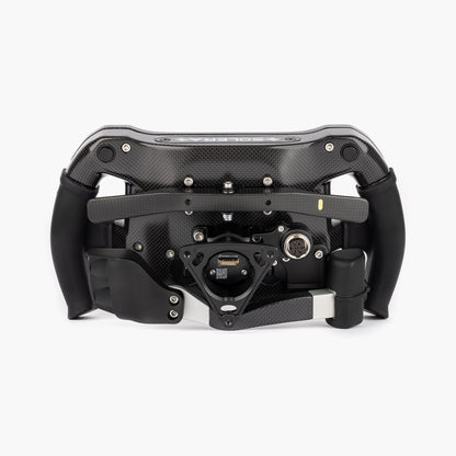 Black steering wheel with carbon fiber texture on a white background