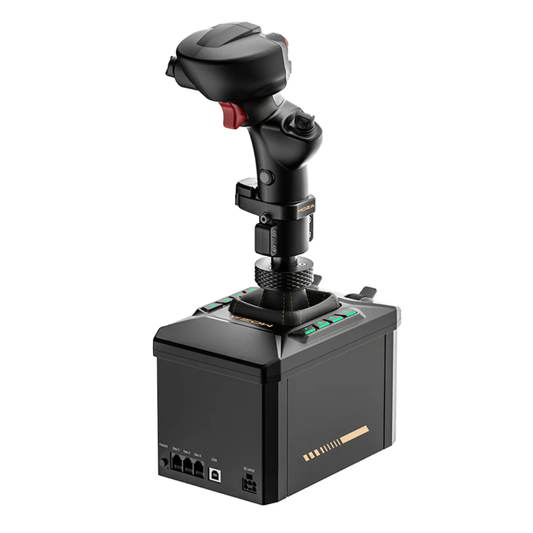 Black flight simulator joystick and throttle on a white background