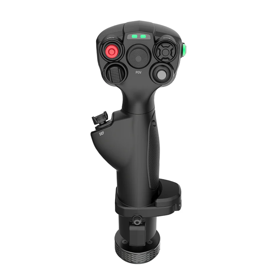 Black joystick controller with buttons on a white background