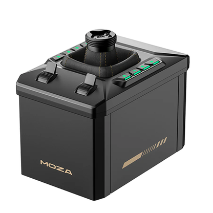 Black electronic device with 'Moza' branding on a white background