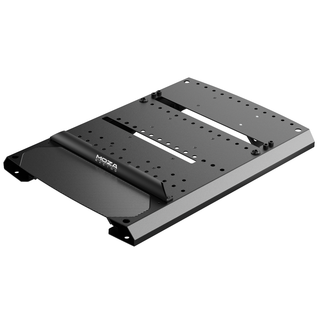 Black metal mounting plate with Moza logo on a white background