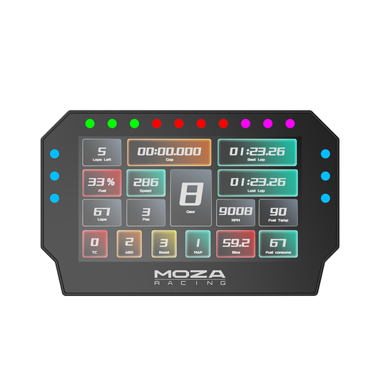 A MOZA Racing CM2 HD Racing Dash with a 5-inch touchscreen, RGB shift indicators, and flag lights displaying various race data.