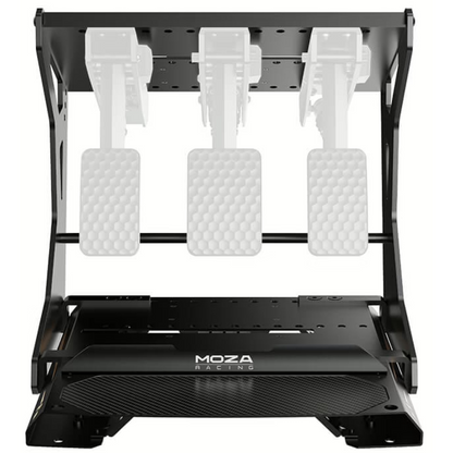 MOZA Racing pedal stand with white pedals on a white background