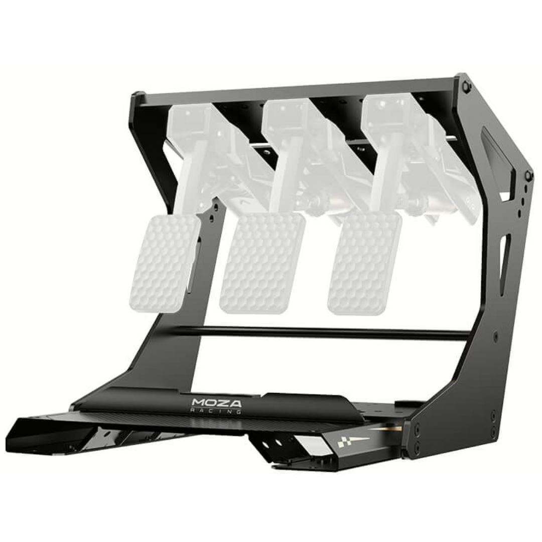 Black racing simulator seat stand with white footpads on a white background