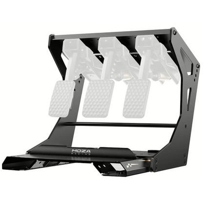 Black racing simulator seat stand with white footpads on a white background