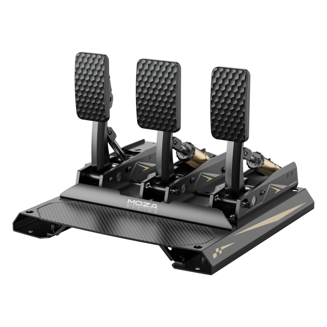 MOZA Racing CRP2 Pedals, featuring a black and silver color scheme with three individual brake pedals and an integrated base plate.