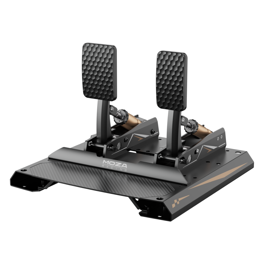 MOZA Racing CRP2 Pedals, featuring a black and silver color scheme with three individual brake pedals and an integrated base plate.