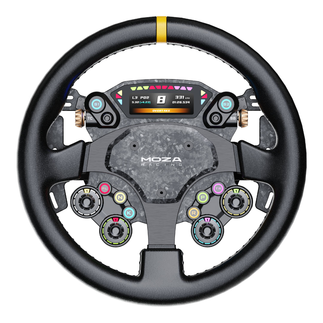 Steering wheel with digital display and control buttons on a white background