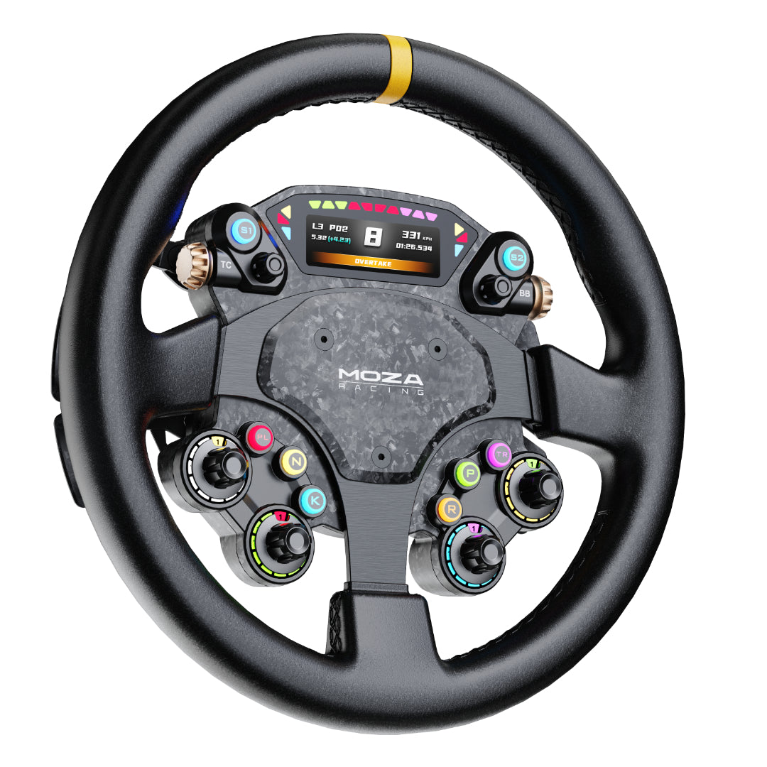 Moza racing steering wheel with digital display on a white background