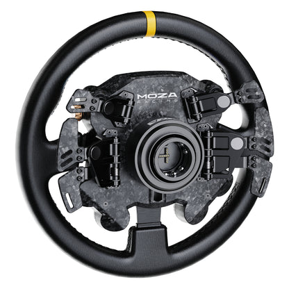 Black racing steering wheel with Moza Racing logo on a white background