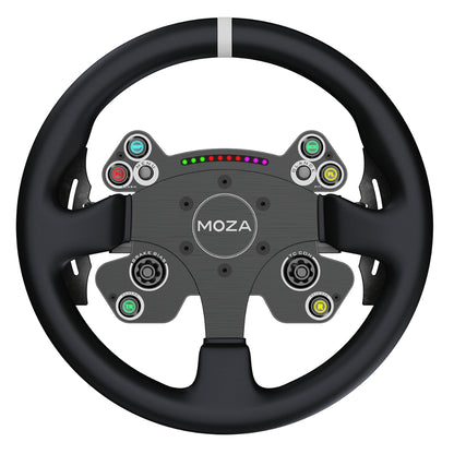 A black Moza Racing CS V2P steering wheel with multiple control buttons and analog sticks, designed for use with direct drive wheel bases.
