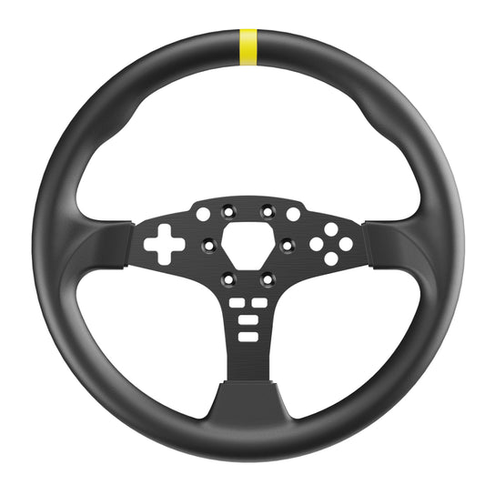 A black 12 inch steering wheel mod designed for sim racing, featuring a yellow accent at the top and ergonomic grip zones.