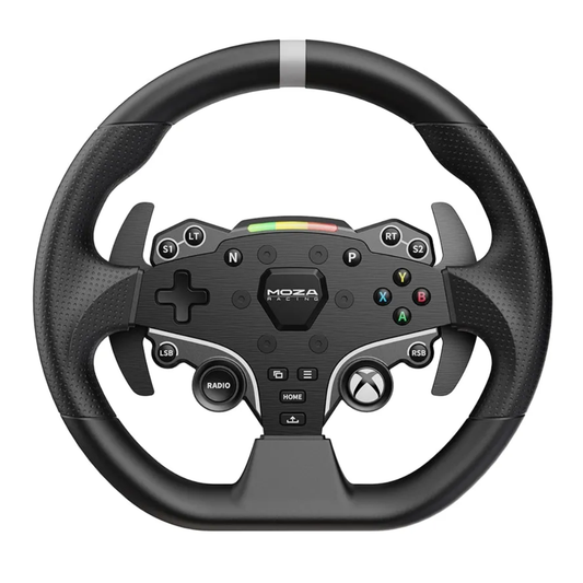 An MOZA Racing ESX Steering Wheel for Xbox with a solid aluminum alloy rim and multiple control buttons, featuring a black and gray color scheme with RGB LED lights at the bottom.