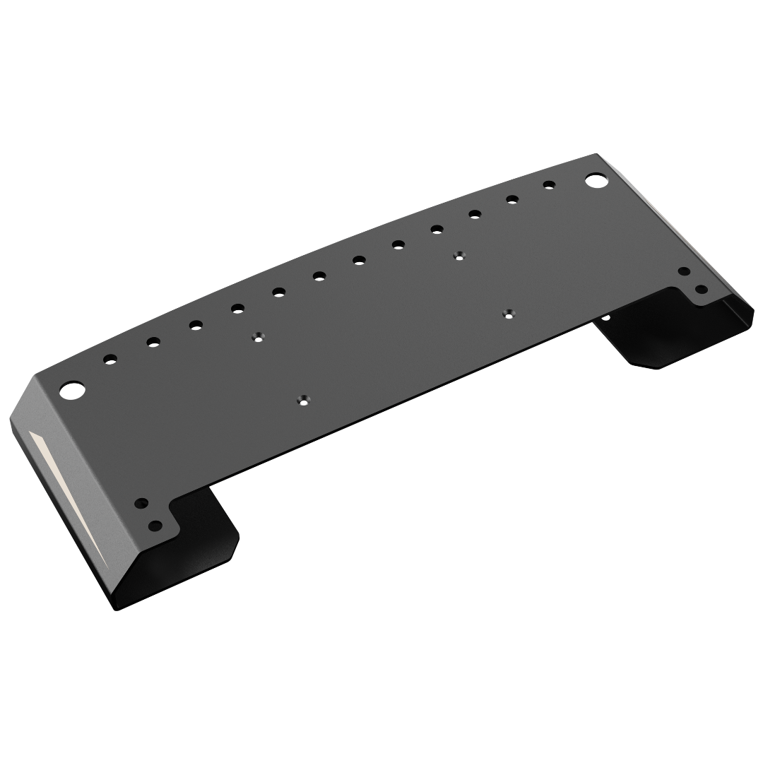 Black metal bracket with multiple holes on a white background