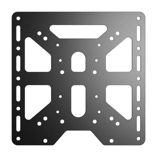 A black MOZA Flight Base Mount Adapter made of steel, designed to secure flight simulation gear.