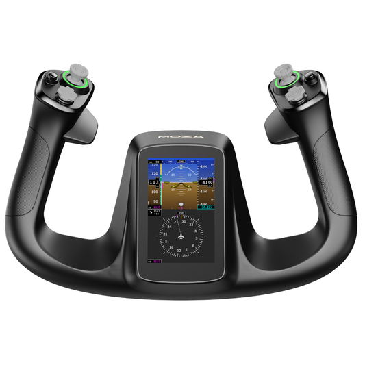 Moza Flight MFY PRO Yoke displaying integrated flight information touchscreen