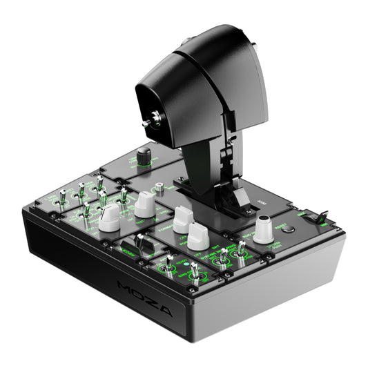 A MOZA MTP Throttle, featuring a black throttle grip with aluminum alloy construction, 27 programmable switches, and a Hall-effect joystick.