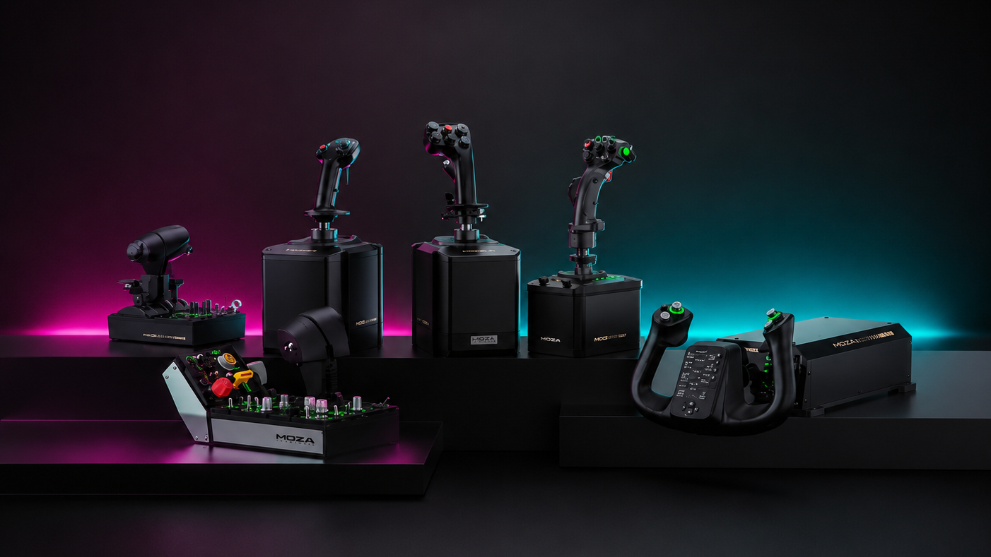 Moza Flight ecosystem with flight simulation bases, yokes, throttles, and control accessories