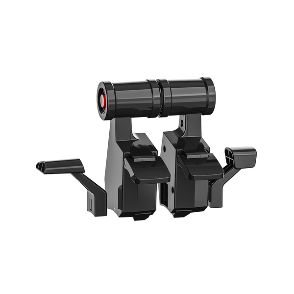 Black mechanical device with a cylindrical component on a white background