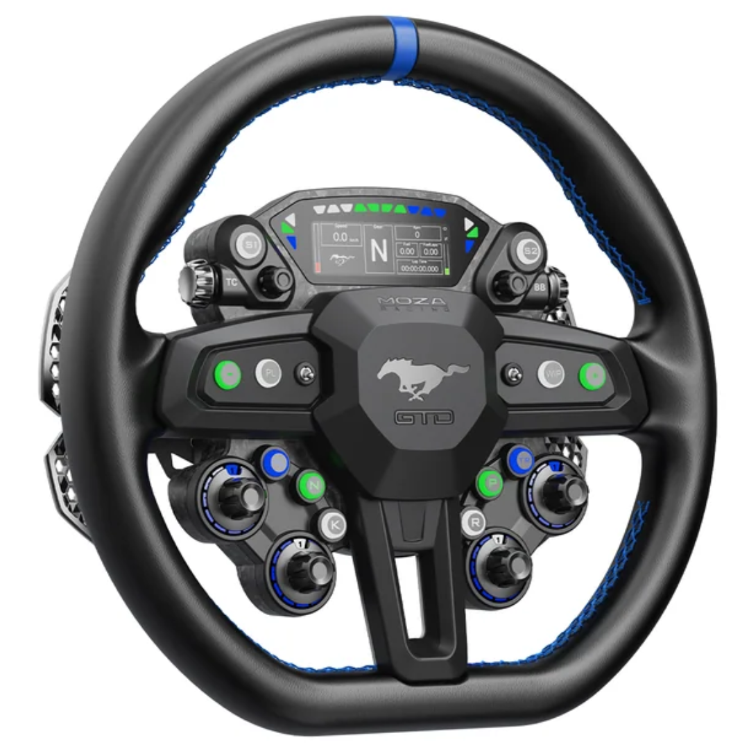 MOZA Ford Mustang GTD sim racing wheel angled view showing microfiber leather grips and integrated controls