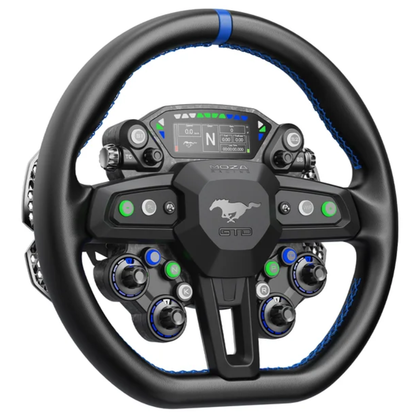 MOZA Ford Mustang GTD sim racing wheel angled view showing microfiber leather grips and integrated controls
