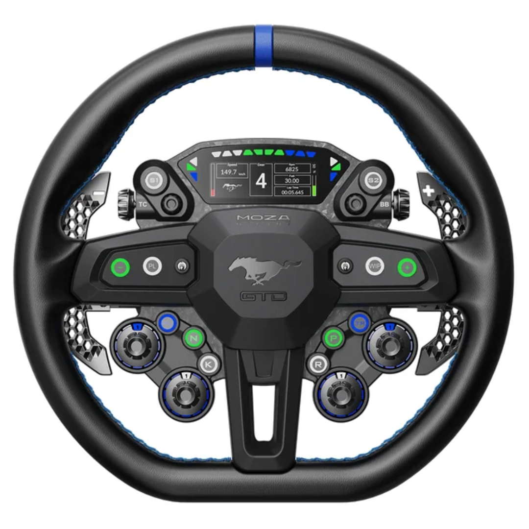 MOZA Ford Mustang GTD sim racing wheel front view showing 330mm rim, HD display, and racing controls